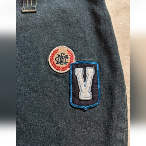 UNIQUE ROUTE 66 Stretch Fit Blue Denim Jean Skirt Size 8 Front Slit w/ Patches. - Picture 4 of 11